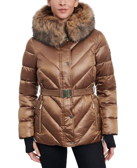 michael michael kors women's shine belted faux-fur-trim hooded puffer coat|MICHAEL Michael Kors Women's Shine Belted Faux.